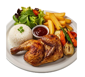 1/2 Chicken With Rice, Chips, Salad, Sauce & Bbq Veg 